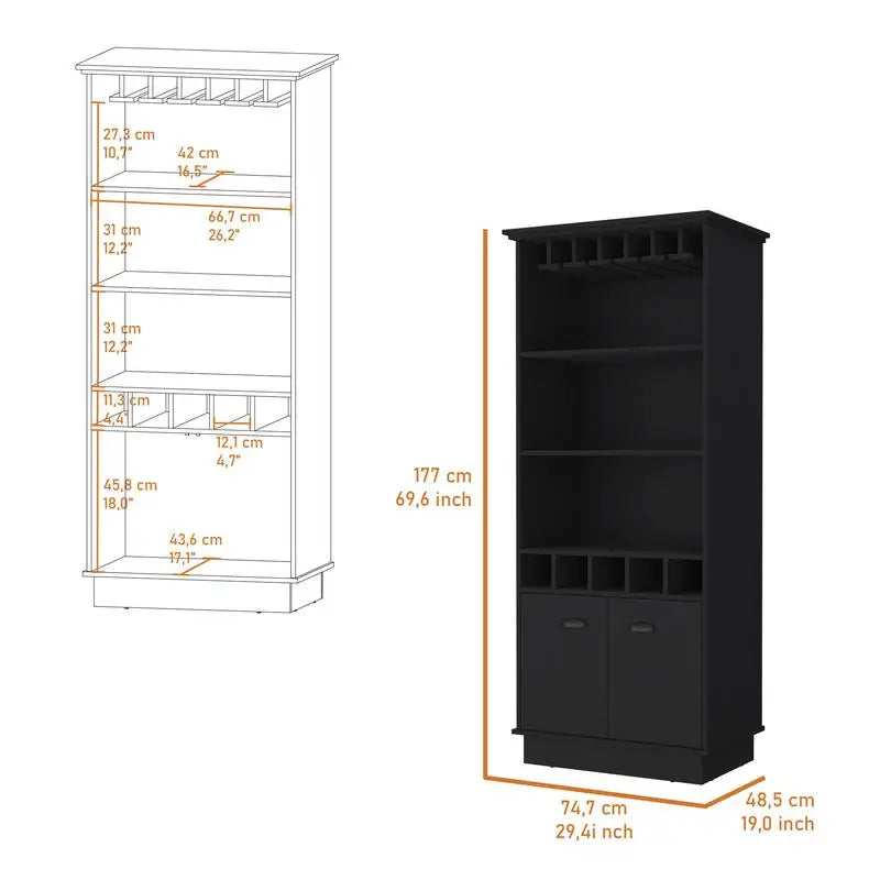 Sophia Bar Cabinet with Glassware Rack and 5 Bottle Racks, Black Finish, Modern Design for Home and Kitchen Storage