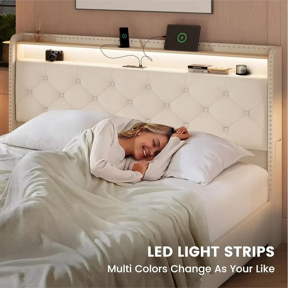 Queen LED Bed Frame with Storage Headboard and USB Charging Station, Velvet Upholstered Platform Bed Frame with 4 ，Customized