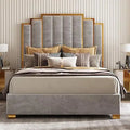AMERLIFE Queen Size Upholstered Bed, Modern Velvet Bed Frame with 61.4” Tall Gold Trim Headboard, No Box Spring Needed, Black