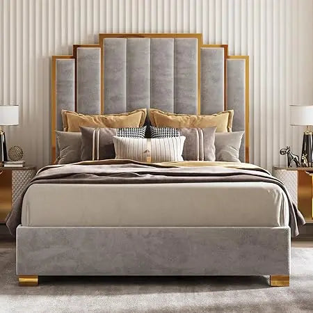 AMERLIFE Queen Size Upholstered Bed, Modern Velvet Bed Frame with 61.4” Tall Gold Trim Headboard, No Box Spring Needed, Black
