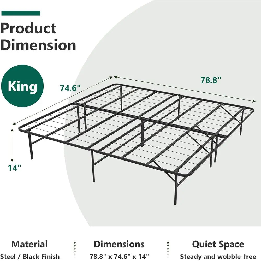 Foldable Bed Frame, King Bed Frame Metal Platform with Steel Slats, No Box Spring Needed, Tool Free Assembly, Quiet & Sturdy Bas
