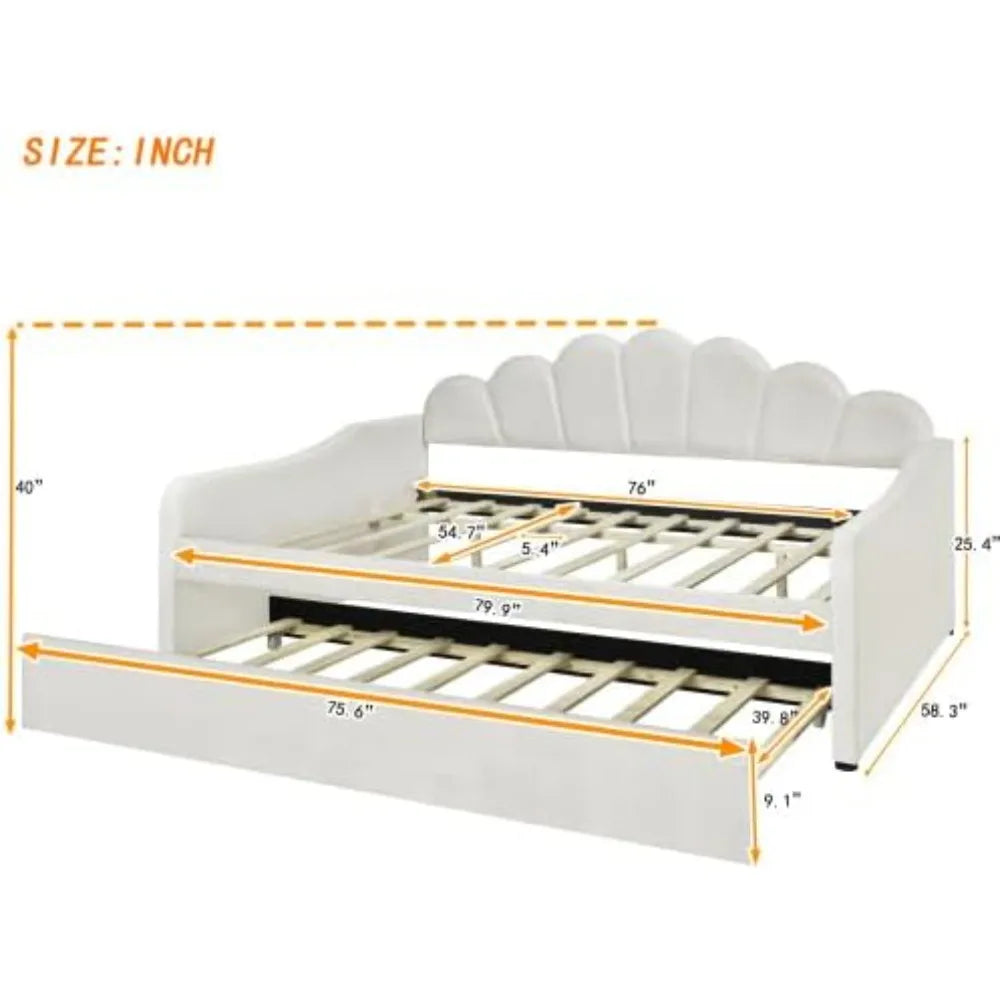Bellemave Full Size Daybed Frame with Trundle Bed, Velvet Upholstered Daybed with Shall Shaped Backrest, Perfect for Living Room