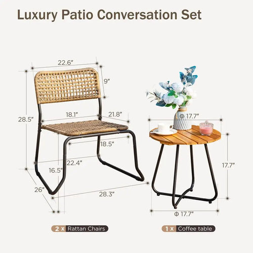 3 Pieces Outdoor Wicker Bistro Set for 2, Stackable Rattan Chairs amp Acacia Wood Round End Table, Small Teak Conversation Furn