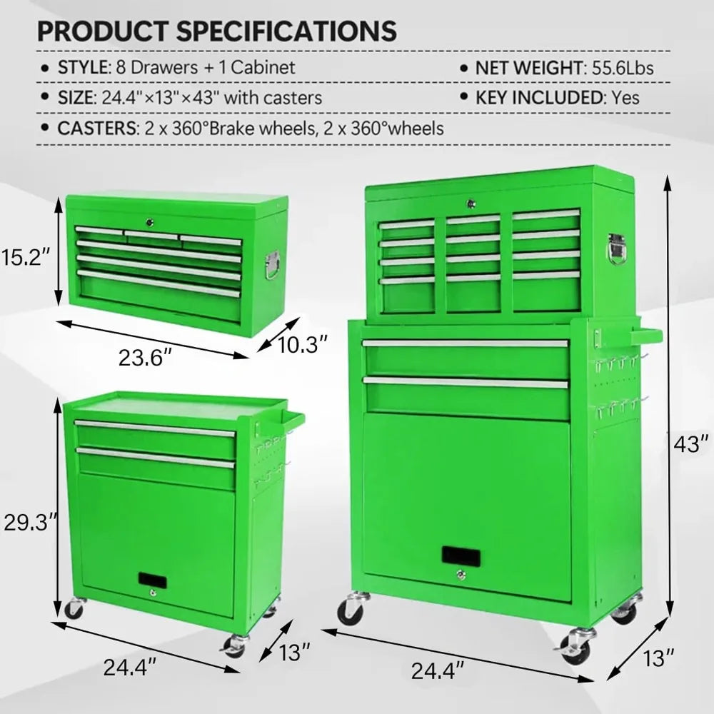 Tool Chest, 8-Drawer Rolling Tool Storage Cabinet with Wheels, Detachable Top Tool Box, and Locking Mechanism,, Customized