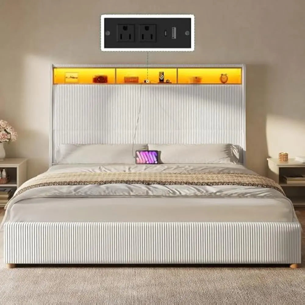 LED Queen Size Bed Frame with 60" Tall Wingback Headboard and Footboard, Solid Wood Leg, No Box Spring Needed, Easy Assembly