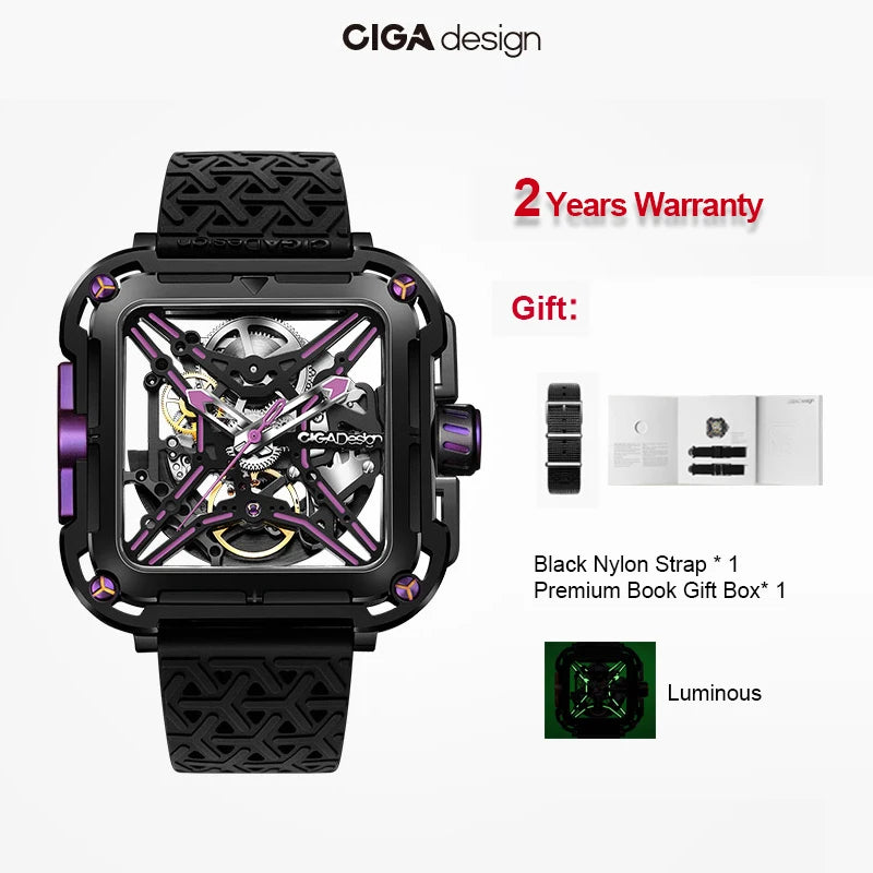 CIGA Design Square Skeleton Automatic Watch Men Fashion X Series SUV Luminous Anti-shock Mechanical Wrist Watches reloj hombre