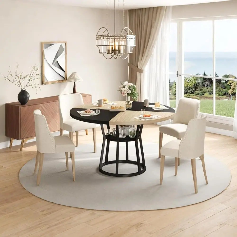 Round 47 Inch Farmhouse Dining Table, Space-Saving Wood Kitchen Furniture with Storage and Metal Legs, Black Wood Circle Dinner
