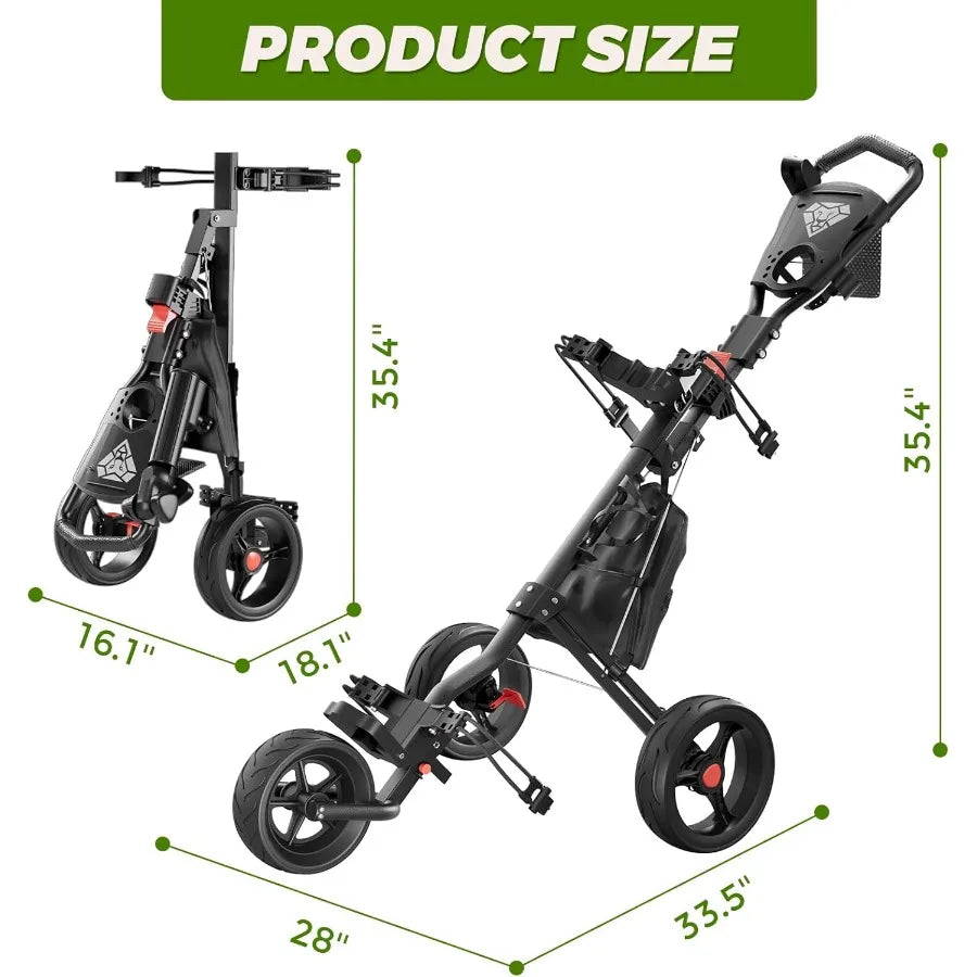 Golf Push Cart 3 Wheel Golf Cart Foldable Multiple Functions Golf Bag Cart for All Ages with Adjustable Handle - Lightw