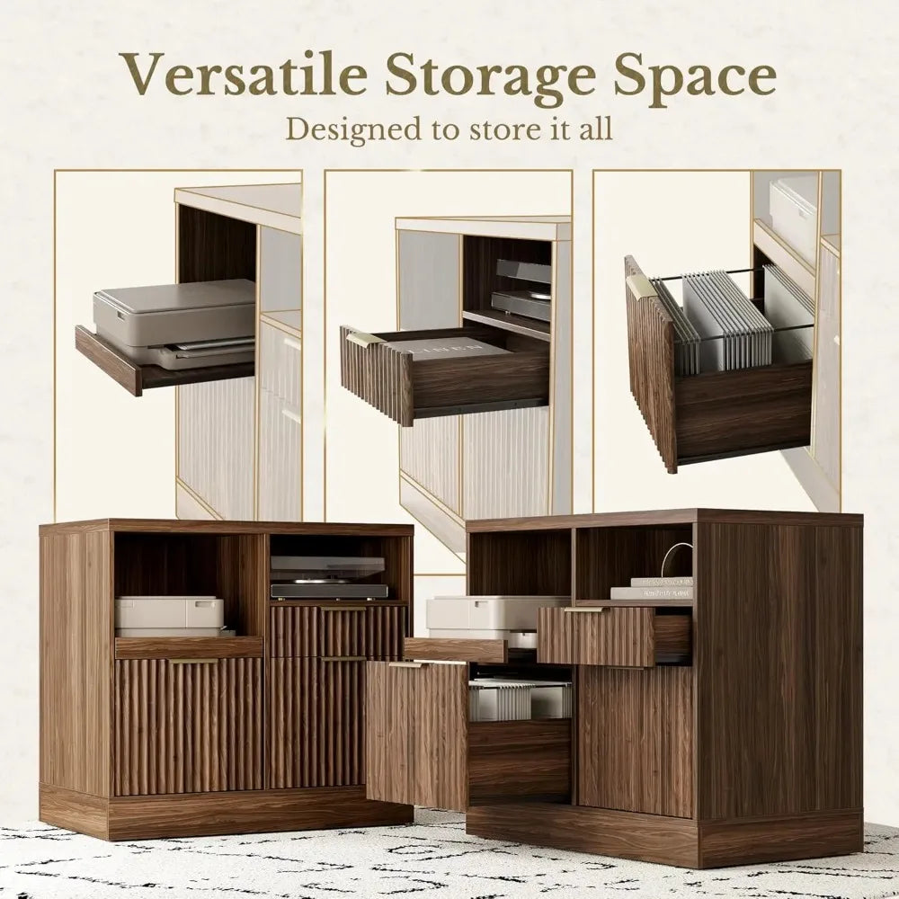 3 Drawer File Cabinet, Fluted Wood Lateral Filing Cabinet with Charging Station for Home Office, Fits for A4/Letter-Sized Files,