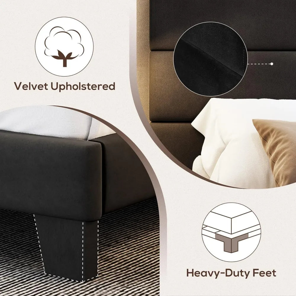 WEEWAY King Bed Frame Platform Bed with Velvet Upholstered Headboard and Wooden Slats Support, Heavy Duty Mattress Foundation, N
