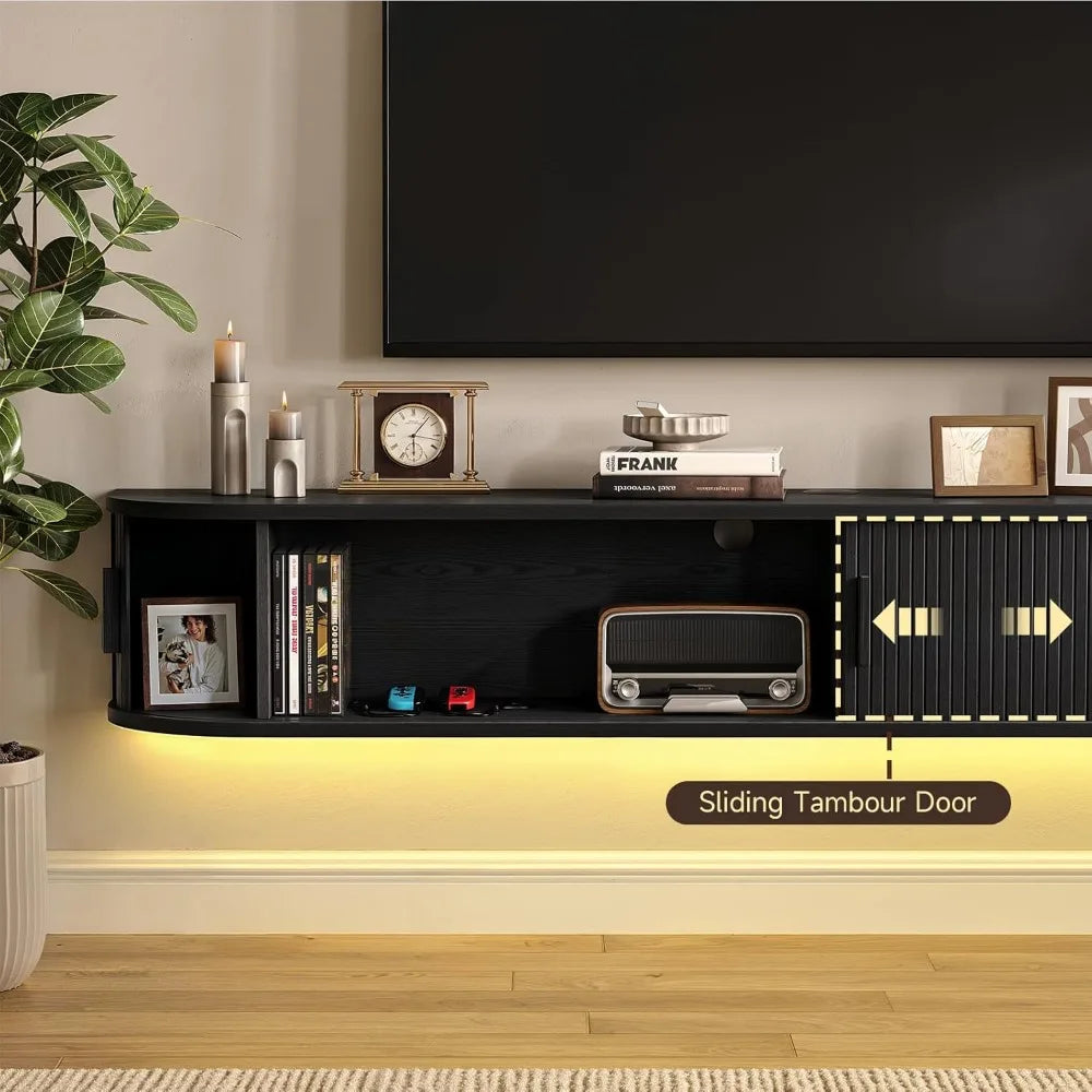 75-Inch TV Floating Stand with Built-In Power Outlet, LED Light Remote Control Fluted Entertainment Center, Mid-Century Modern S