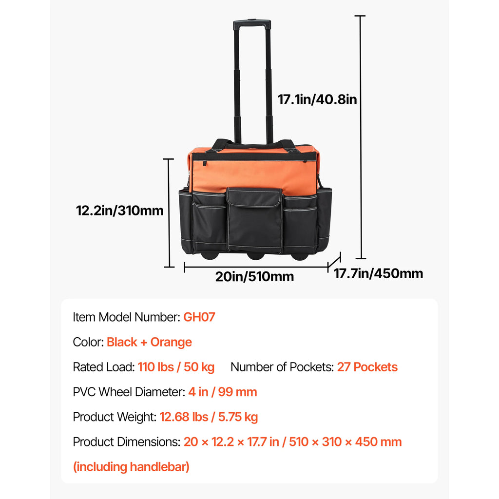 SucceBuy 110 lbs Rolling Tool Bag 27 Pockets Roller Tool Bag on Wheels with Adjustable Telescoping Handle for Construction Tools