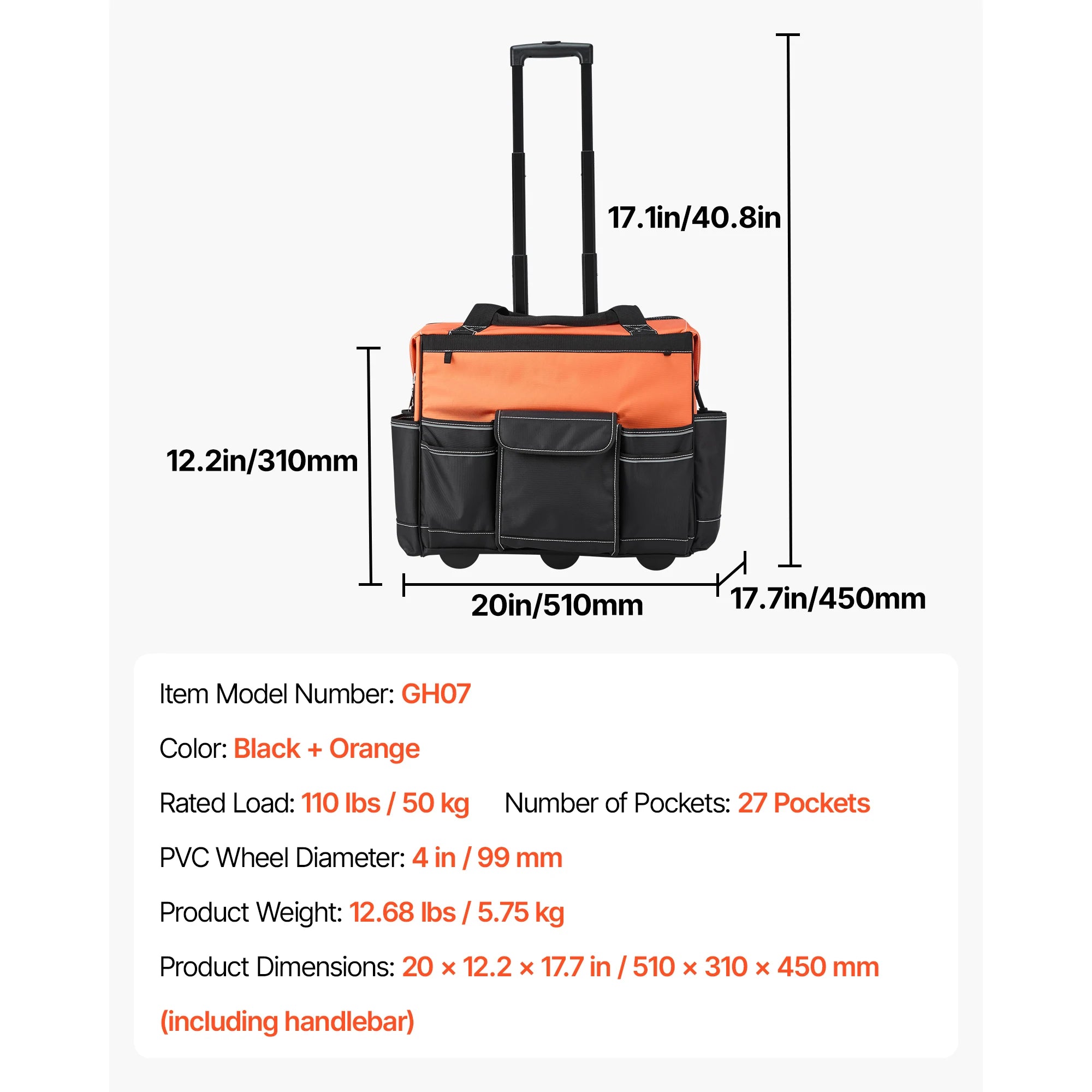SucceBuy 110 lbs Rolling Tool Bag 27 Pockets Roller Tool Bag on Wheels with Adjustable Telescoping Handle for Construction Tools