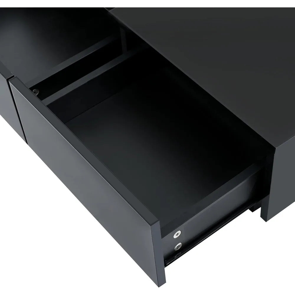 Merax Square Coffee Table with High Gloss Finish and 4 Hidden Drawers for Living Room Storage in Black