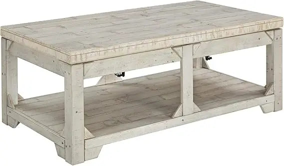 Farmhouse Style Rectangular Coffee Table with Lift Top and Floor Shelf, Whitewash Weathered Finish