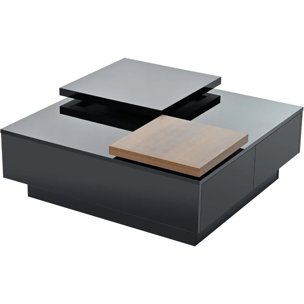 Merax Square Coffee Table with High Gloss Finish and 4 Hidden Drawers for Living Room Storage in Black