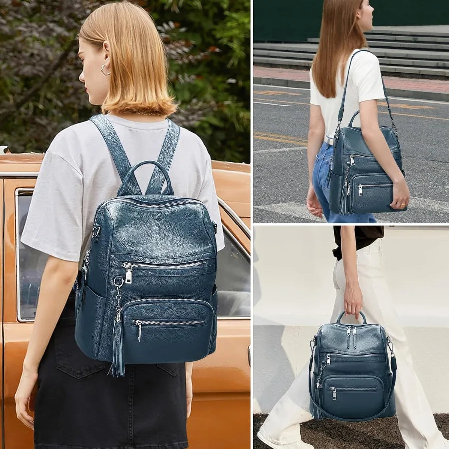 ALTOSY Genuine Leather Backpack Purse for Women Large Shoulder Bag With Laptop Compartment Multiple Pockets S106 Indigo Blue