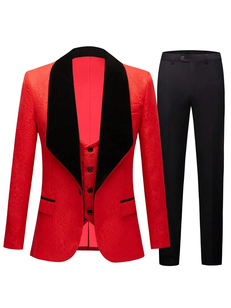 Men's three-piece floral jacquard slim-fitting suit set, including paisley pattern suit jacket, vest, and pants, suitable for ba