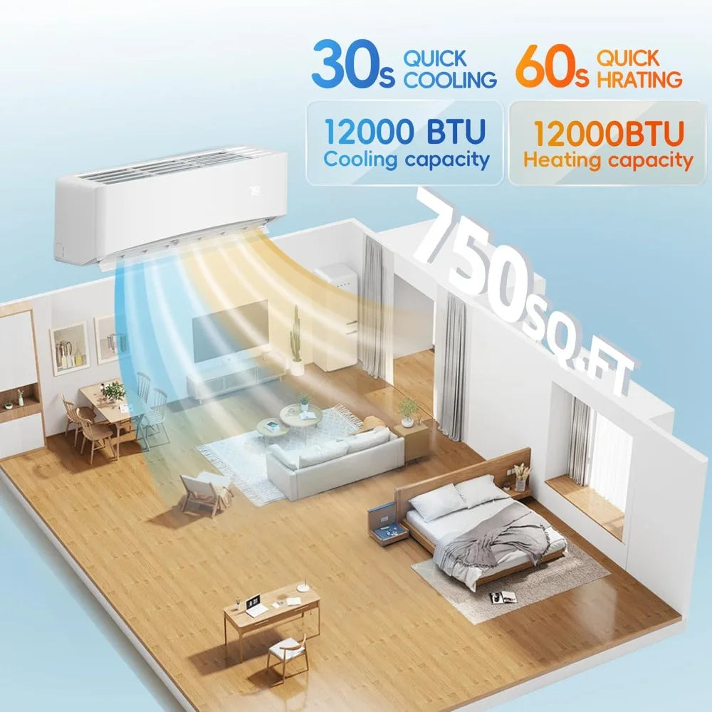 12000BTU Mini Split Air Conditioner& Heater, 17 SEER2  Wall-Mounted AC Unit Cools Rooms up to 750 Sq. Ft, Energy Efficient