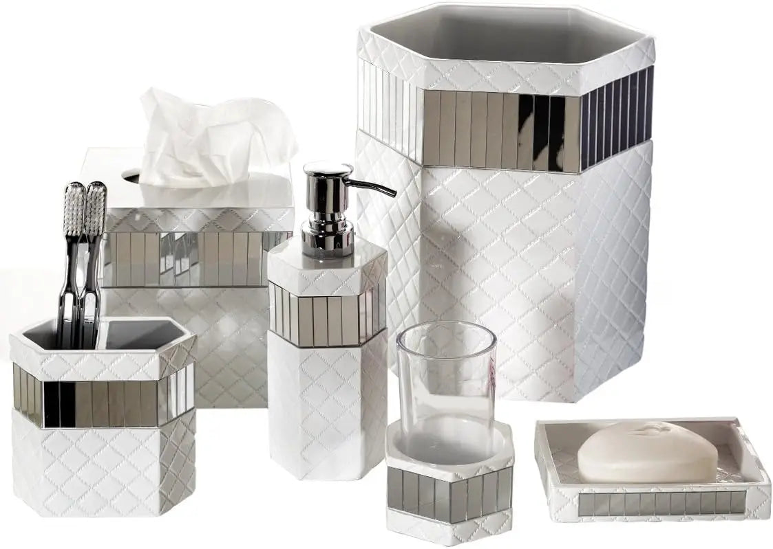 Elegant Quilted Mirror White Bathroom Set - 6-Piece Accessories with Trash Can, Tissue Box, Soap Dispenser, Holder & More