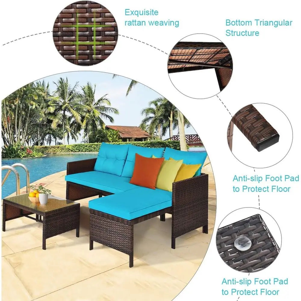 Turquoise 3-Piece Outdoor Wicker Sectional Set with Sofa, Loveseat, Lounger, and Glass Coffee Table for Patio, Deck, or Garden