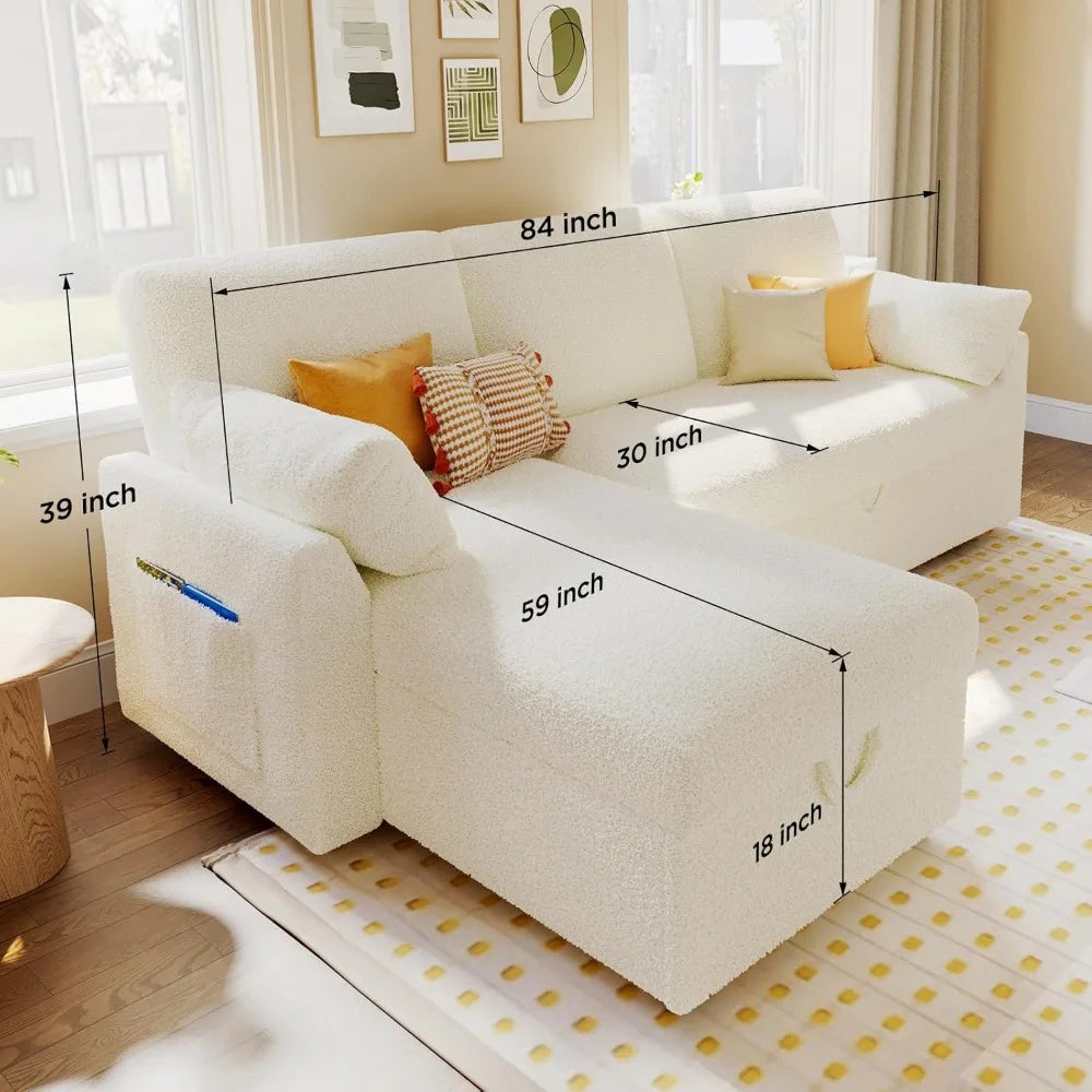 2-in-1 Convertible Sofa Bed with Storage Chaise, White Sherpa Fabric, 84 x 59 x 39 for Living Room