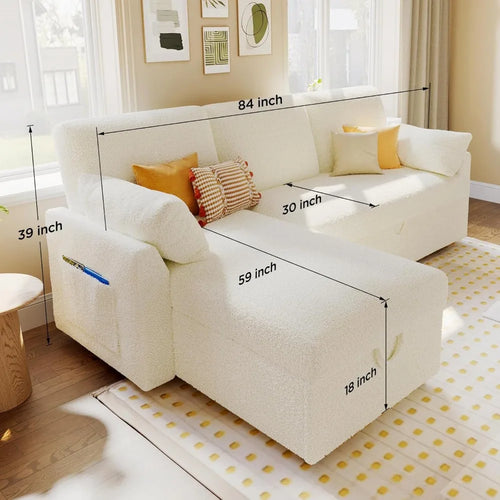 2-in-1 Convertible Sofa Bed with Storage Chaise, White Sherpa Fabric, 84 x 59 x 39 for Living Room