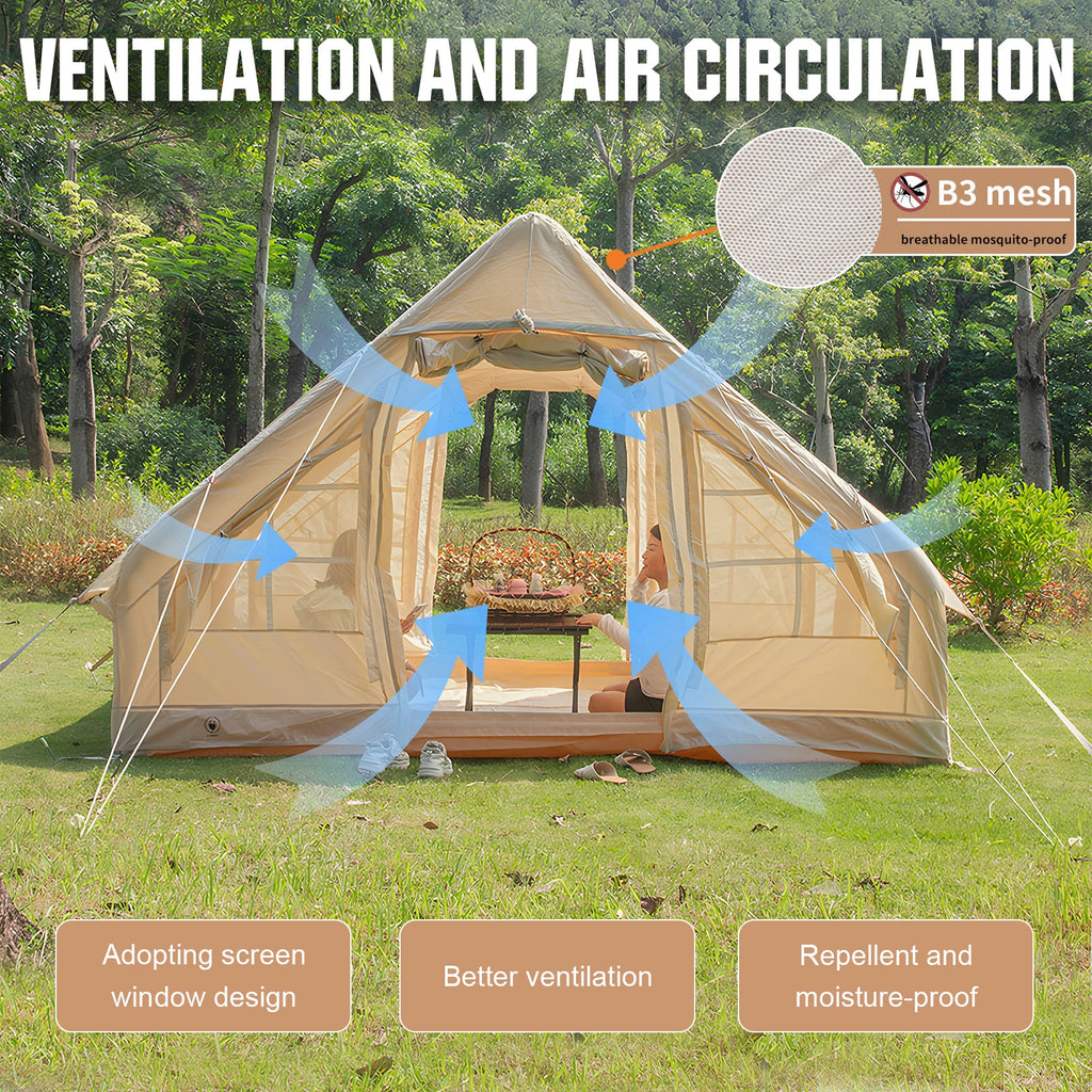 Inflatable Tent Breathable Portable Glamping Tent Oxford Fabric Air Family Tunnel Tent Easy Setup 4-6 Person House