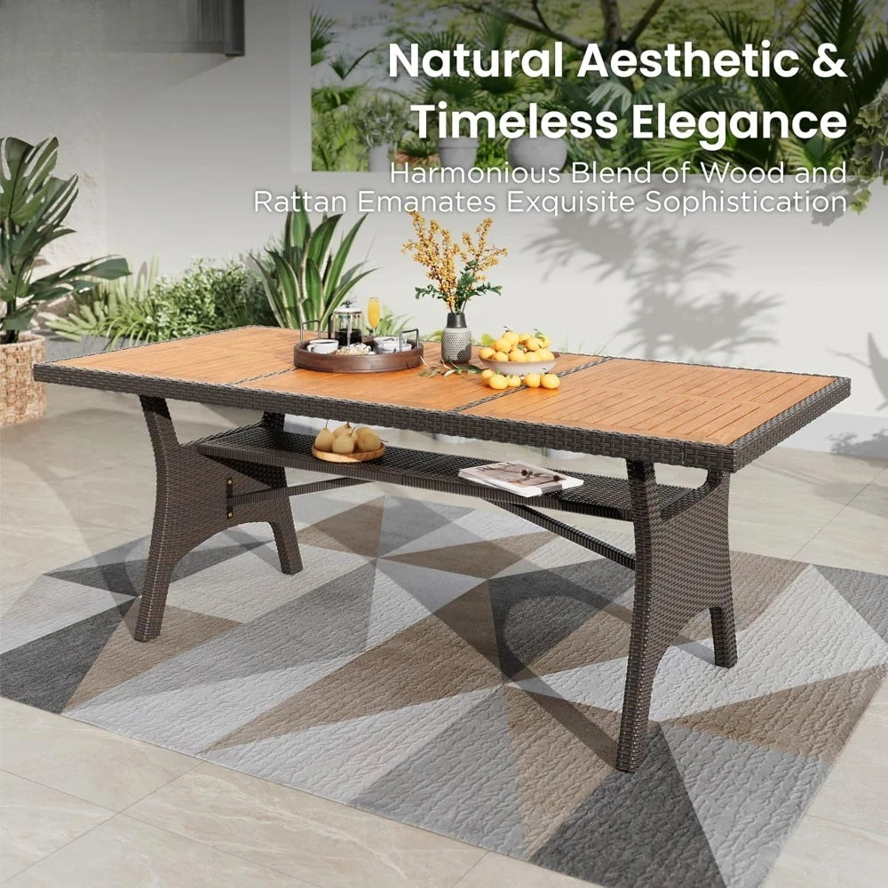 Outdoor Dining Set for 8, Rectangular Rattan Table with Acacia Wood Top & Wicker Chairs with Cushions, 74” Large Modern Furnitu