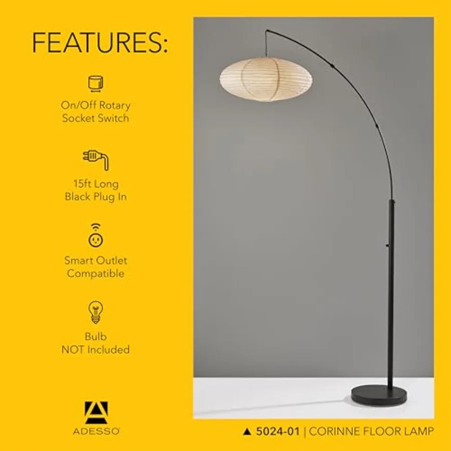 Arc Floor Lamp 80 Tall Black Base Oval Off-White Paper Shade Convenient Overhead Lighting for Living Room Nursery Bedroom or Of