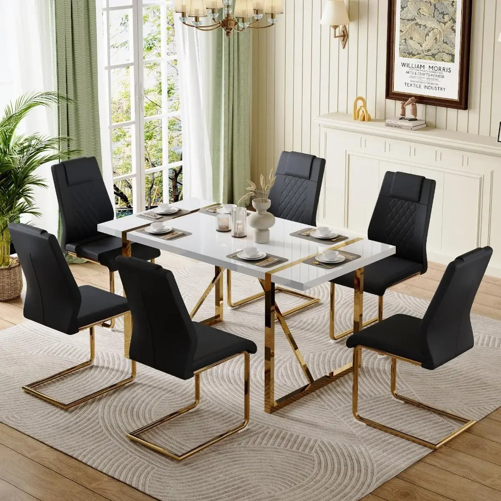 Dining Table Set for 6, Kitchen Table Chairs Set of 6, 55" White High-Gloss Lacquered Tabletop & Electroplated Metal Frame