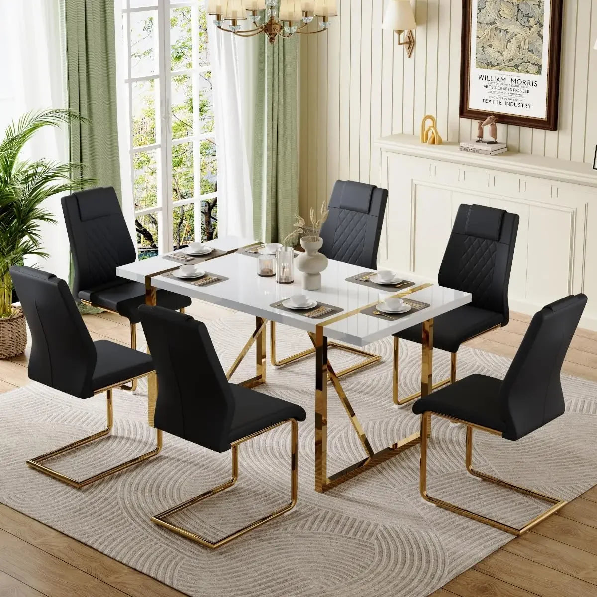 Dining Table Set for 6, Kitchen Table Chairs Set of 6, 55" White High-Gloss Lacquered Tabletop & Electroplated Metal Frame