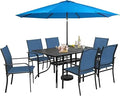 8 Pieces Patio Dining Set with Sky Blue Umbrella, Outdoor Dining Set of 6 Textilene Chairs and Rectangle Table with Umbrella Ho