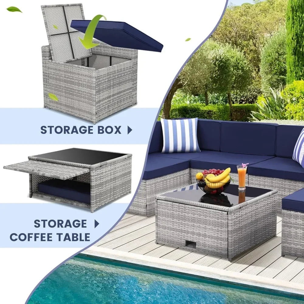 8-piece Outdoor Rattan Patio Furniture Segmented Set, Glass-topped Table with Hidden Storage, Grey Rattan with Blue Padded Mats