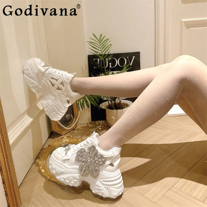 Thick Soled Mesh Rhinestone Chunky Sneakers for Women New Lace Up Height Increasing Shoes Female Japanese Style Casual Sneakers