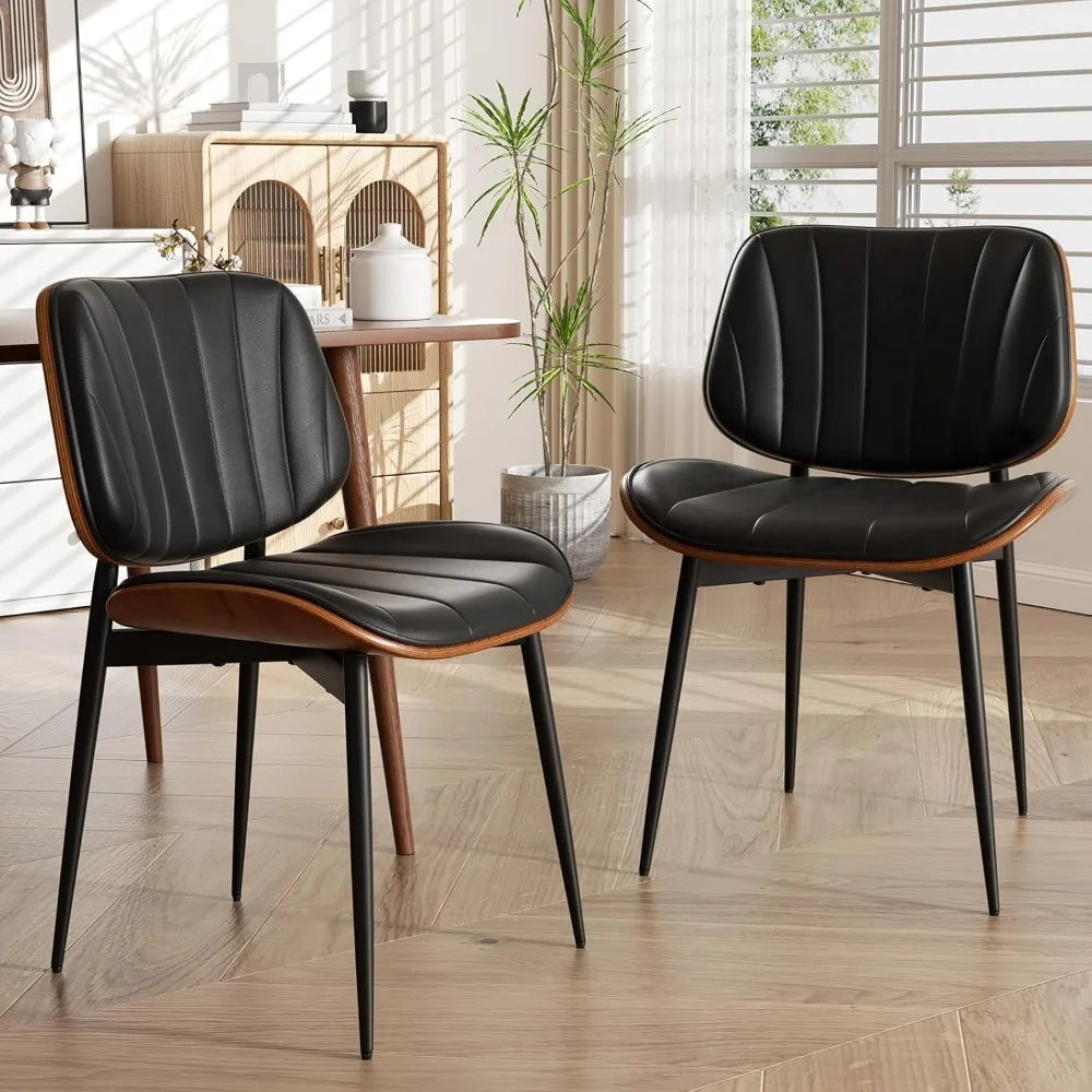 Dining Chairs Set of 4, Mid Century Modern Dining Room Chair, Upholstered Faux Leather Kitchen Chairs with Walnut Bentwood