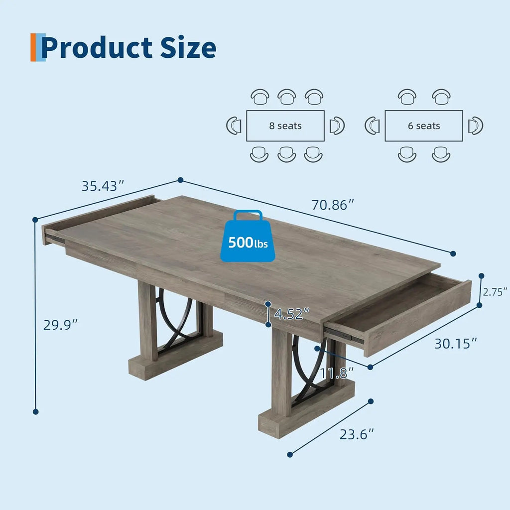 71-Inch Wooden Kitchen Table with Two Drawers Rectangular Large Dining Table for 6-8 w/Large Tabletop & Sturdy Frame for Dinner