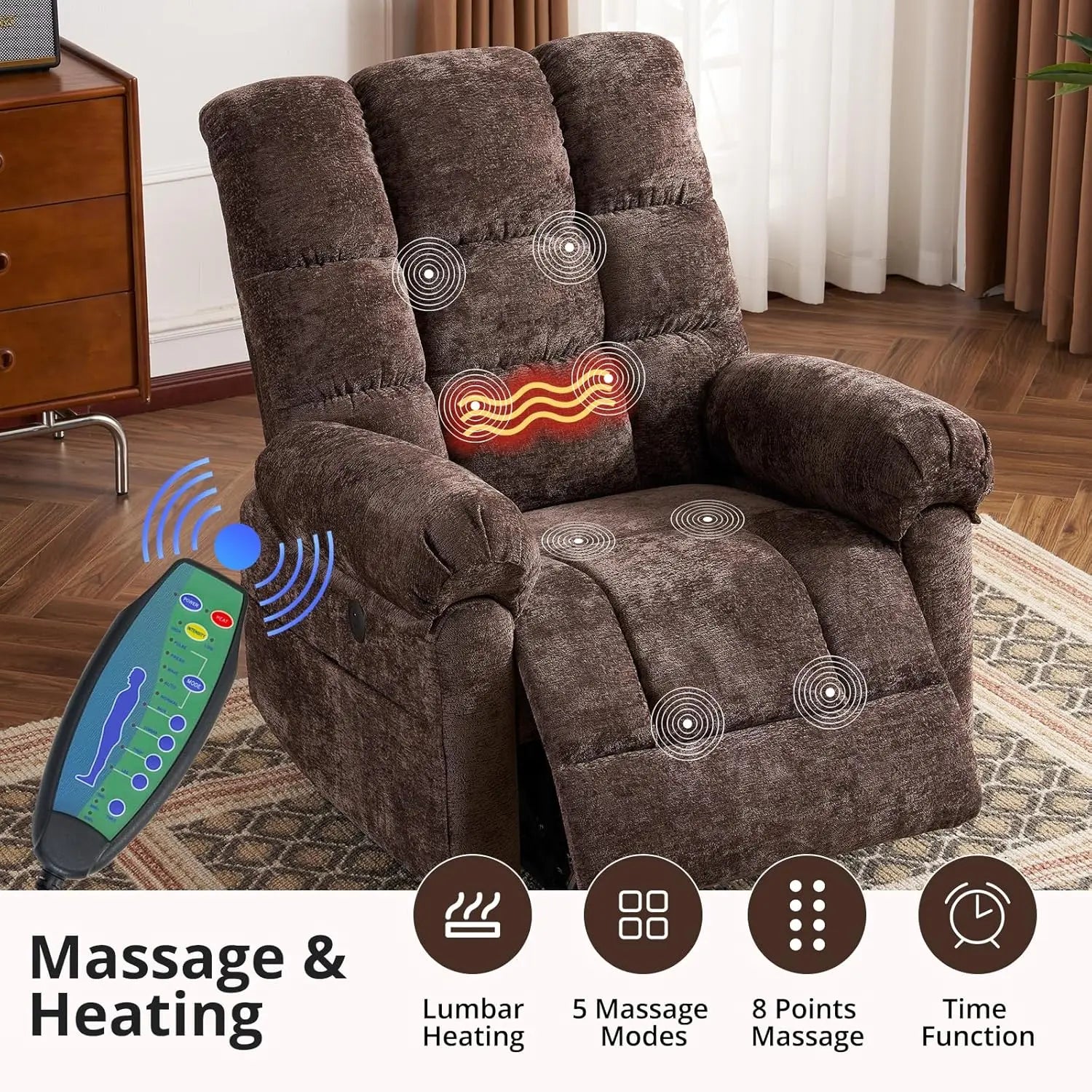 Oversized Lift Recliner Chair with Massage & Heat, 26' Wide, Chenille Electric Recliner with USB Port, Coffee