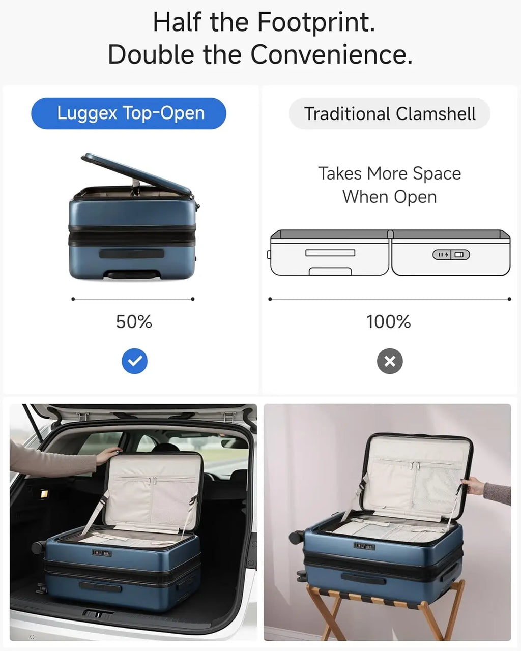 Checked Luggage with Spinner Wheels, FLO5 Expandable Polycarbonate Hard Shell SuitcaseLock (FX-Core, Blue, 24 Inch)