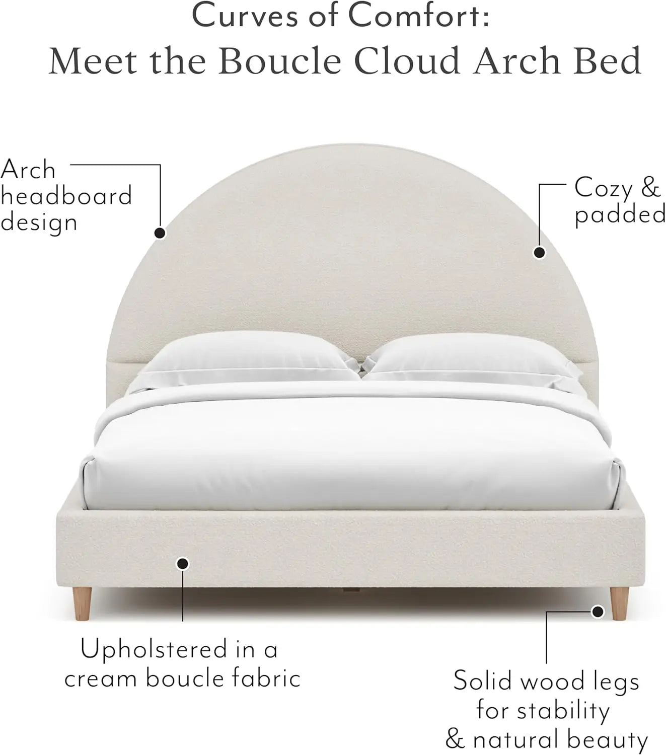 Cloud Bed Frame with Arch Shaped Headboard, Upholstered in Soft Fabric, Platform Bed Frame with Solid Wood Legs