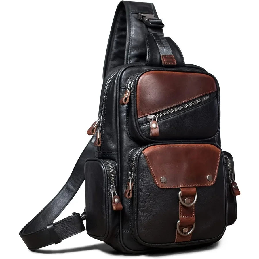 Genuine Leather Sling Bag for Men Large Crossbody Shoulder Bag Casual Sling Backpack Anti-Theft Travel Chest Purse