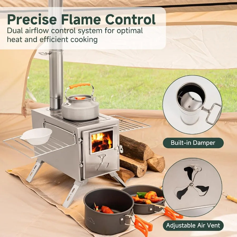 HZT Hot Tent Stove Portable Wood Burning Stove with 7 Chimney Pipes Ideal for Camping Cooking Winter Heating in Remote Outdoor
