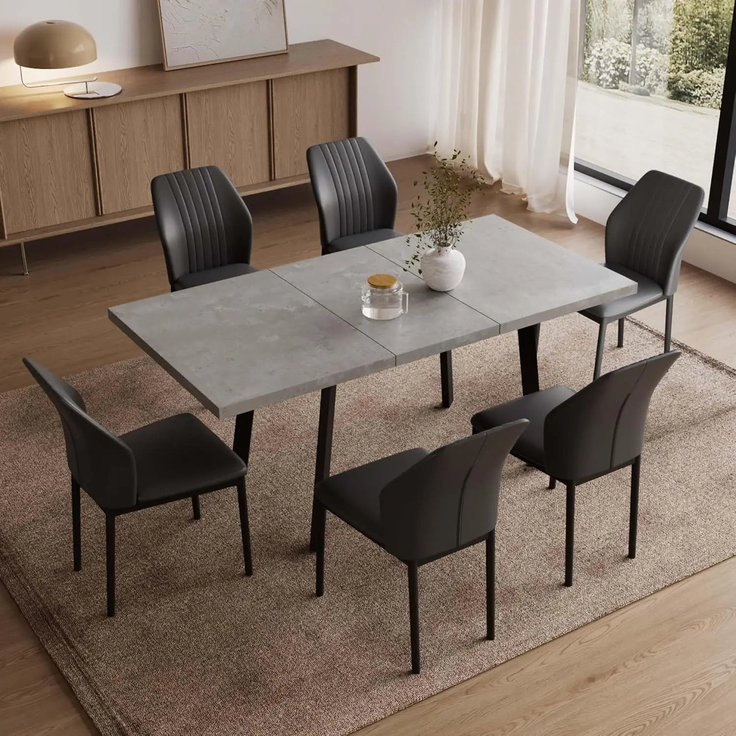 47.2"- 62.9" Extendable Dining Table Set for 6, Modern Kitchen Table with 6 PU Leather Chairs, Thickened Expandable, Customized