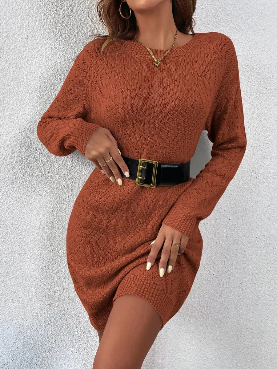 Rust Orange Knit Sweater Dress with Diamond Pattern, Long Sleeve Round Neck, Casual Autumn Winter Wear
