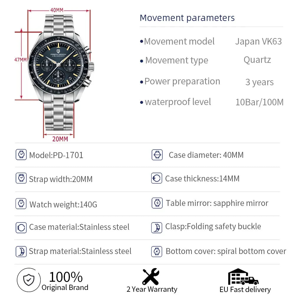 PAGANI DESIGN 2025 New Moon Watch Retro Luxury Quartz Watches For Men Stainless steel Luminous waterproof Sport Chronograph Man