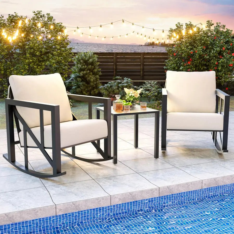 3 Pieces Rocking Bistro Set, Metal Outdoor Patio Furniture Set with 2 Rockers and 1 Table, Patio Conversation Set with Thick Cu