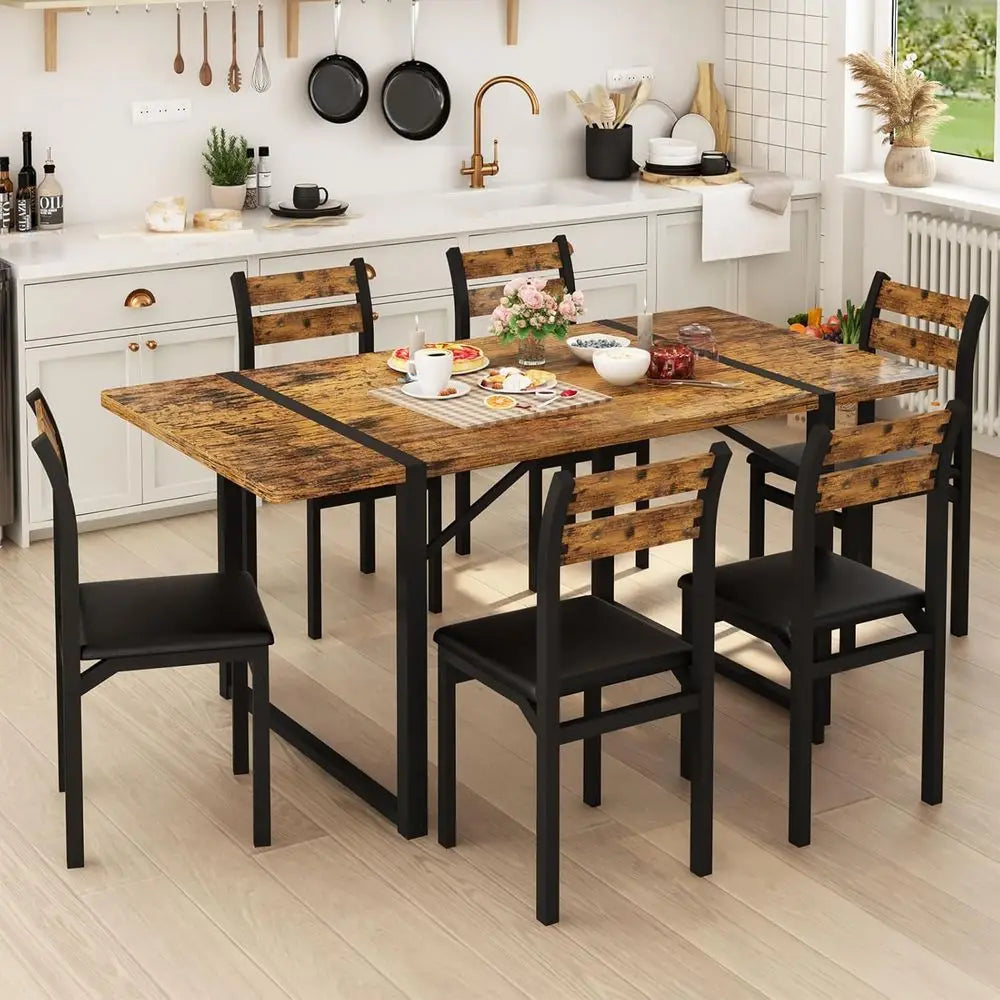 7-Piece Dining Table Set with 6 Chairs, 55" Wooden Kitchen Table & Chairs Set for 4-6, Dining Room Table and Chairs with Solid M