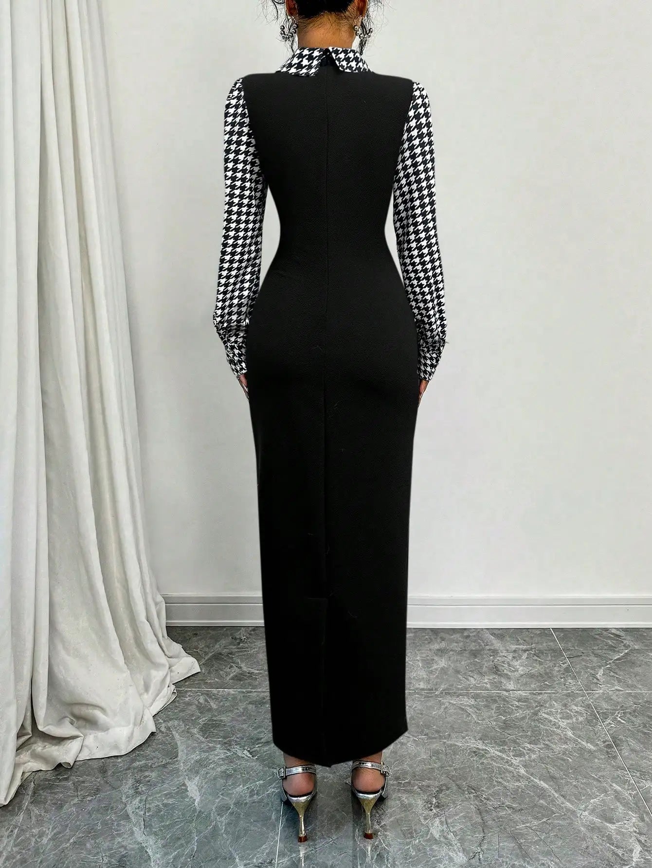 Fish Tail Dress With Peter Pan Collar, Color Blocking Houndstooth & Puff Sleeves Maxi Women Outfit Fall Cloth For Women