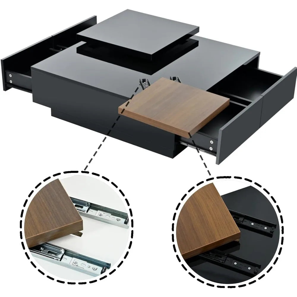 Merax Square Coffee Table with High Gloss Finish and 4 Hidden Drawers for Living Room Storage in Black