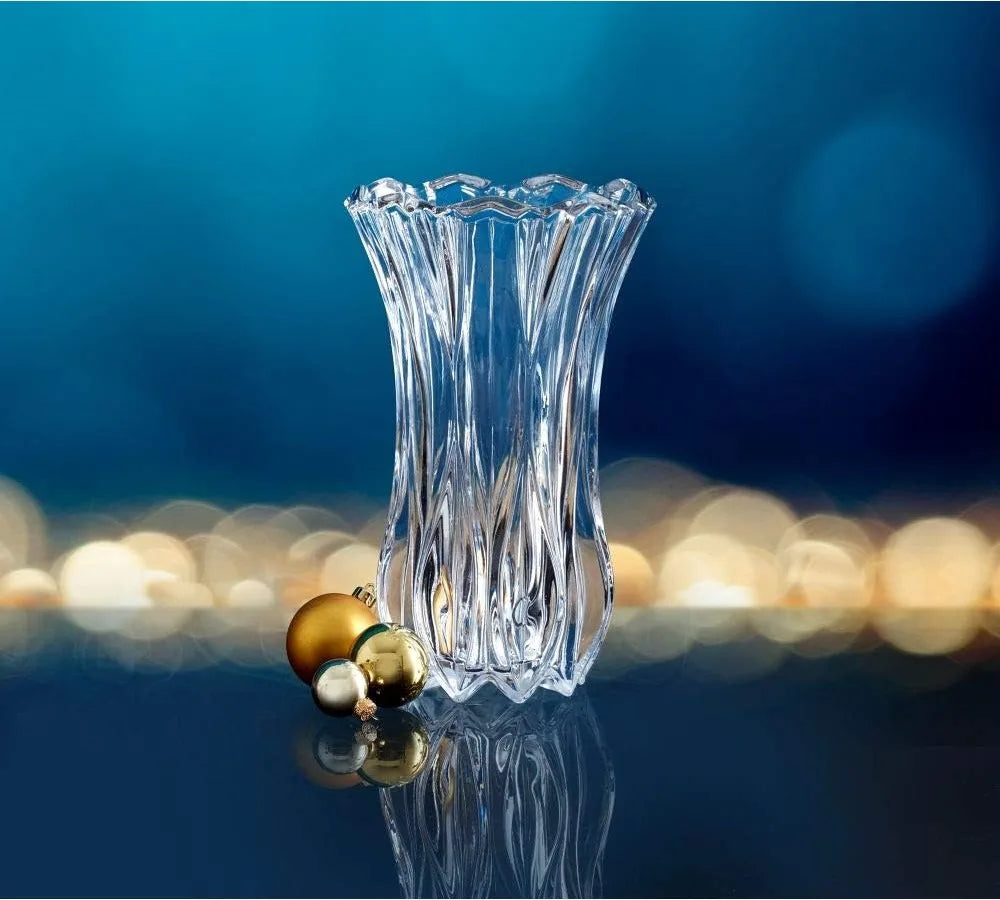 Elegant 12-Inch Crystal Vase with Floral Cut Glass Design for Home Decor, Centerpieces, and Flower Arrangements